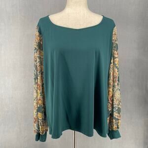 Curations x Nicole Hickl Floral Sheer Long Sleeve Blouse 1X Green‎ HN90003